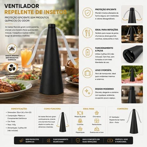 Ventilador 25cm Repelente Insetos Moderno Preto Ventilacao Ambiente Conforto