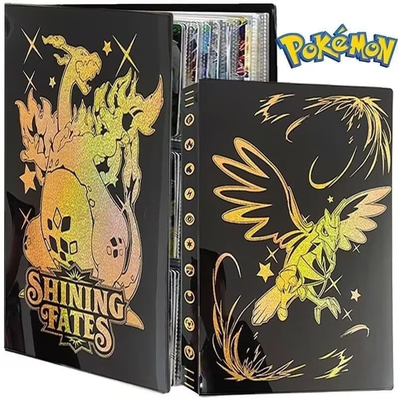 Álbum de coleção de Pokémon dourado com nove compartimentos, capacidade para 432 cartas, álbum de cartas Pokémon de dupl