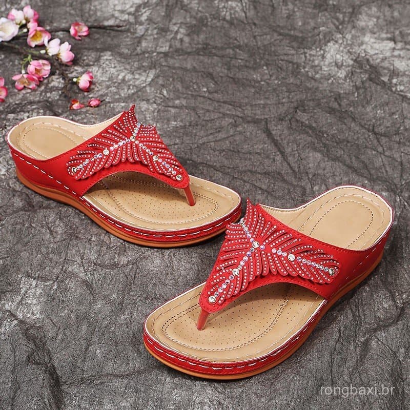 Tamanho grande comércio exterior novo estilo de sola grossa Flip-Flops sapatos femininos verão strass cunha salto grosso