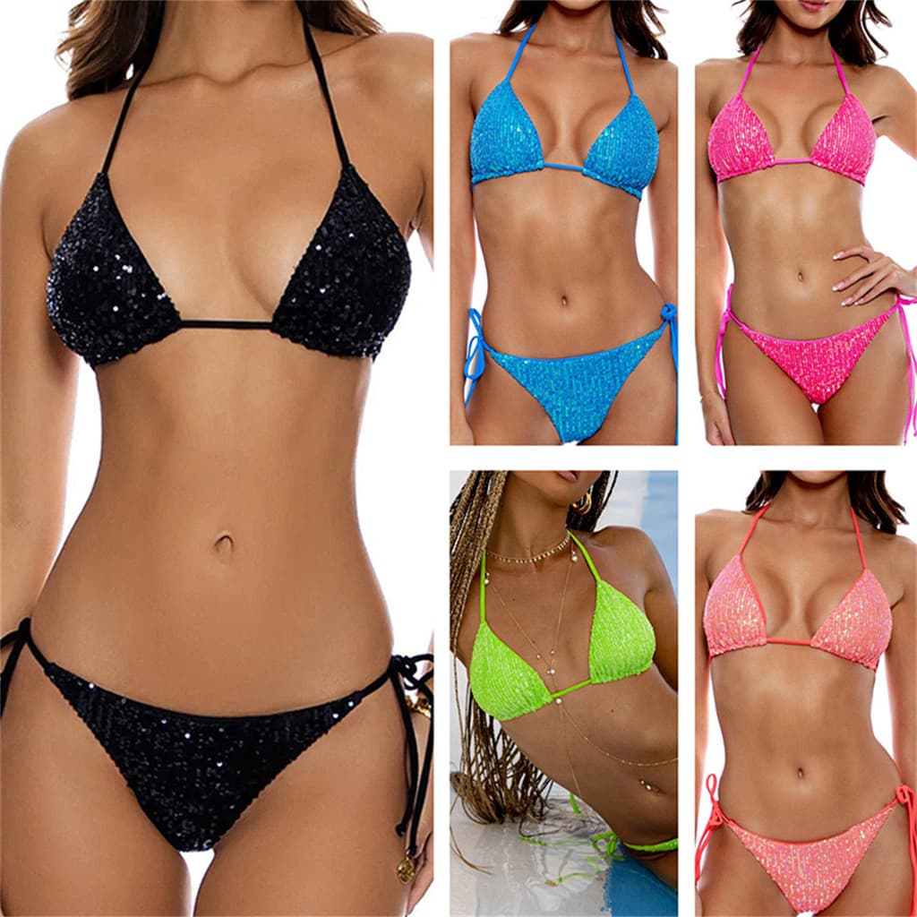 Biquíni de lantejoulas de 8 cores para mulheres, maiô triangular, biquíni multicolorido.