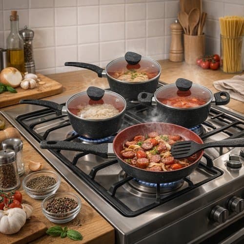 Conjunto Panelas Antiaderente Tampa Vidro 4 Pecas Preto Vermelho Cozinha Moderna