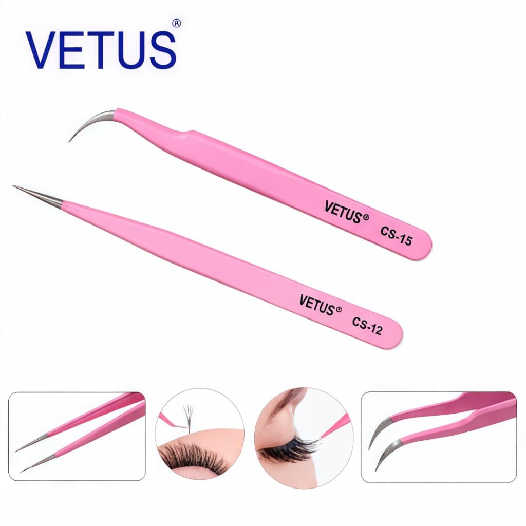 Kit Pinças Vetus Profissionais Para Alongamento de Cílios Fio a Fio - Curva de Precisão Para Extensão