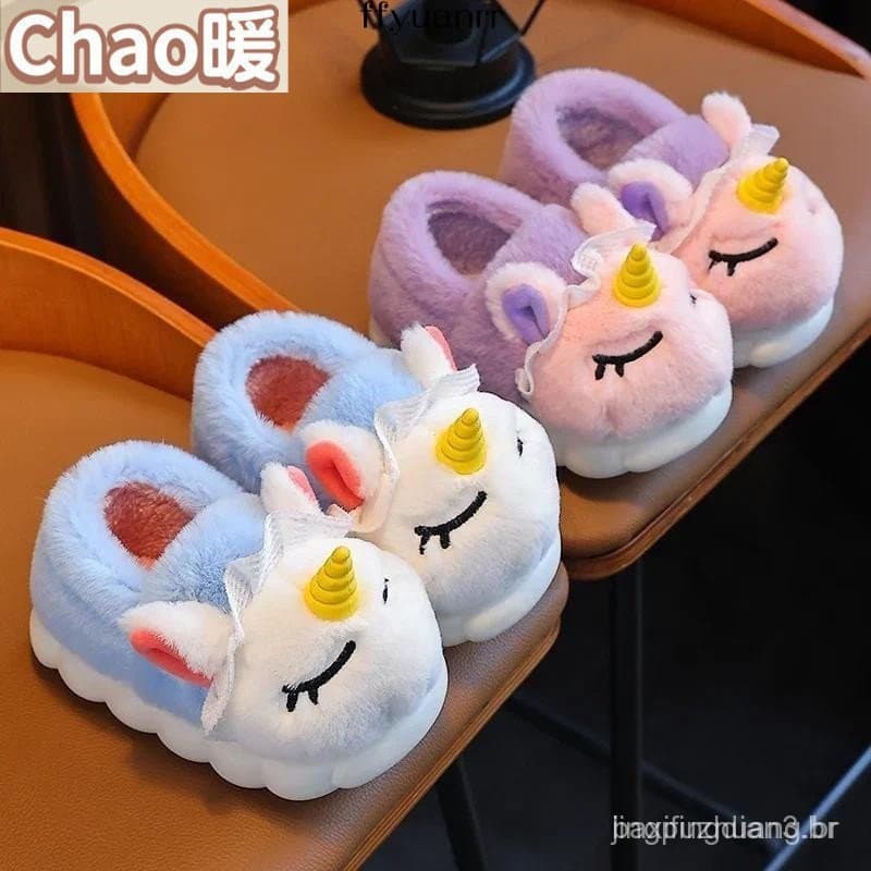 Chinelos De Pelúcia Unicórnio Para Crianças , Sapatos De Algodão Quente , Antiderrapantes Meninas . 6SXT
