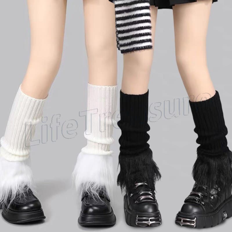 Aquecedores De Pernas De Tricô Preto E Branco-Y2K , Estilo Japonês , Lolita-Capas Macias Para Tecido De Pelúcia-Meias Fe