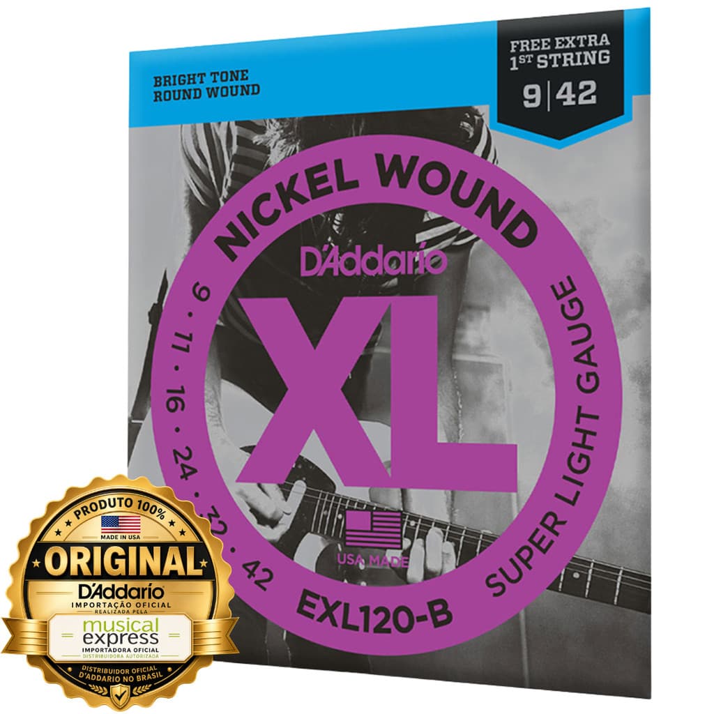 Encordoamento Guitarra Daddario 09 EXL120-B XL Jogo Original Nickel Woun 09-42 +1 Corda Mi Extra 009