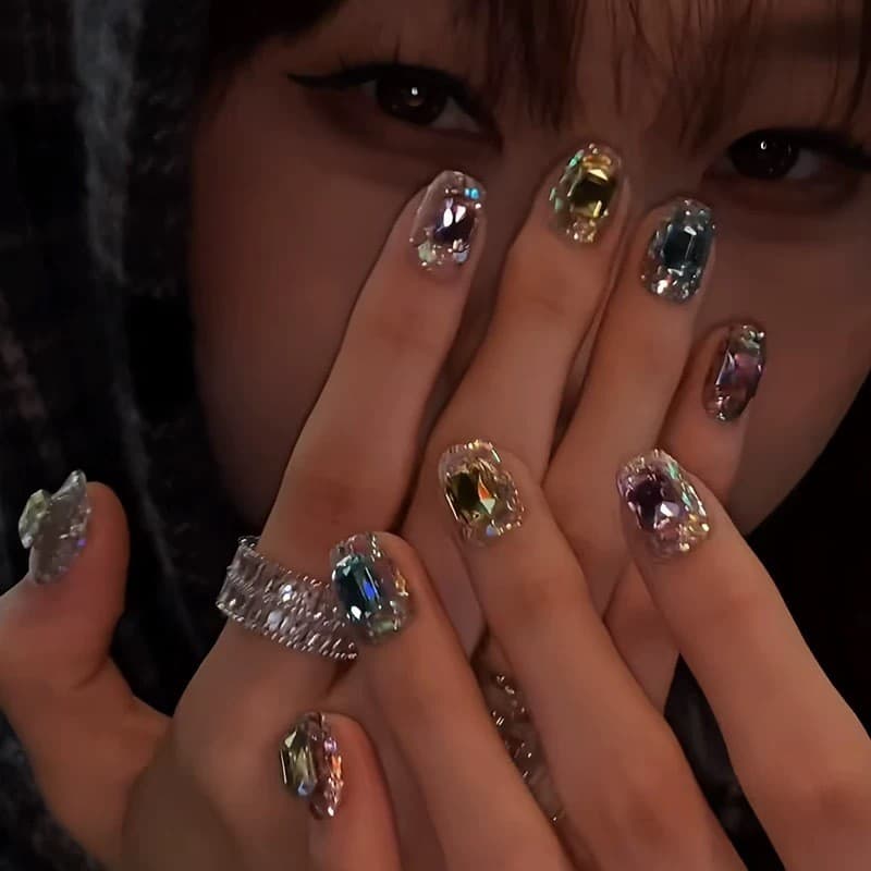 Unhas Postiças Artesanais Estilo Arco-Íris Doce Strass Brilho Intenso Não Danificam Unhas Naturais