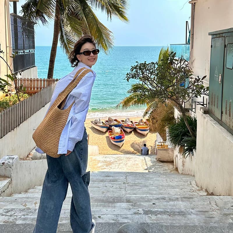 Bolsa de palha de ombro único de grande capacidade para mulheres, bolsa de lona para férias à beira-mar, bolsa de praia