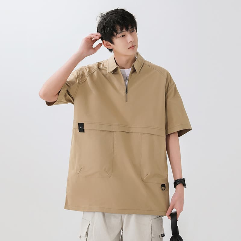 Camisa polo americana com bolso e meio zíper, camisa de manga curta, Top masculino moderno, solto, Casual, lapela japone