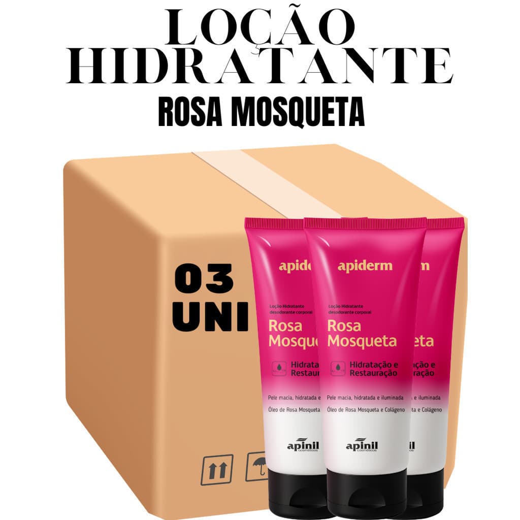 Kit 03 Unidades Loção Hidratante Corporal Apiderm Rosa Mosqueta 190g - Apinil (Campanha)