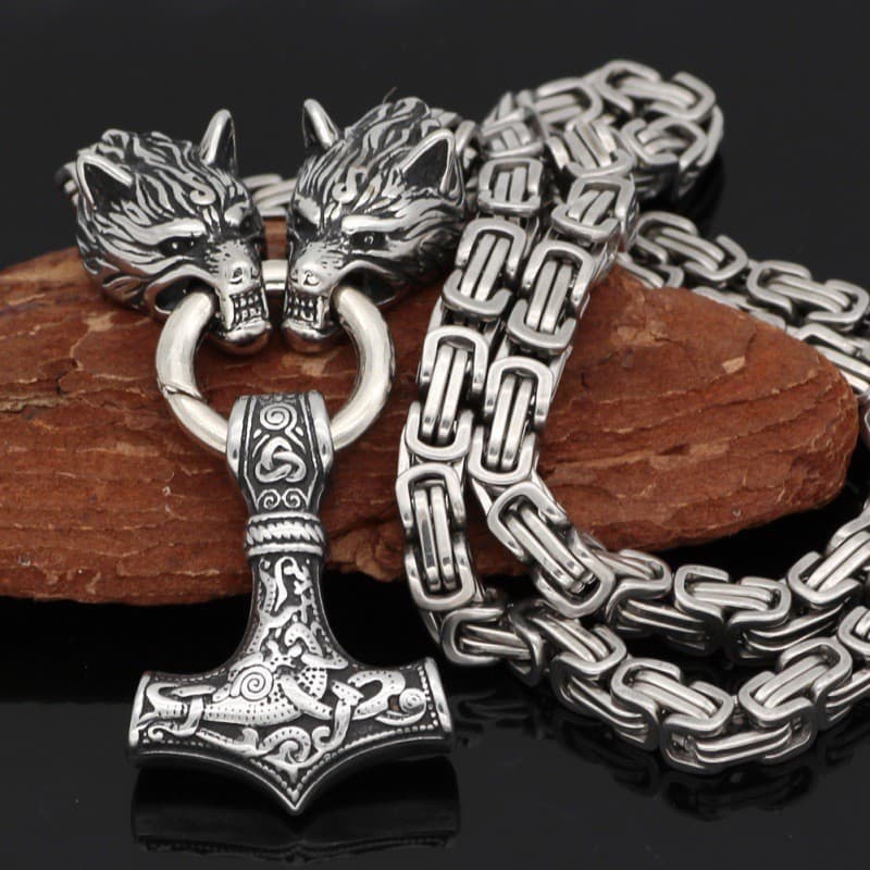Colar com pingente de aço inoxidável com cabeça de lobo Viking nórdico retrô