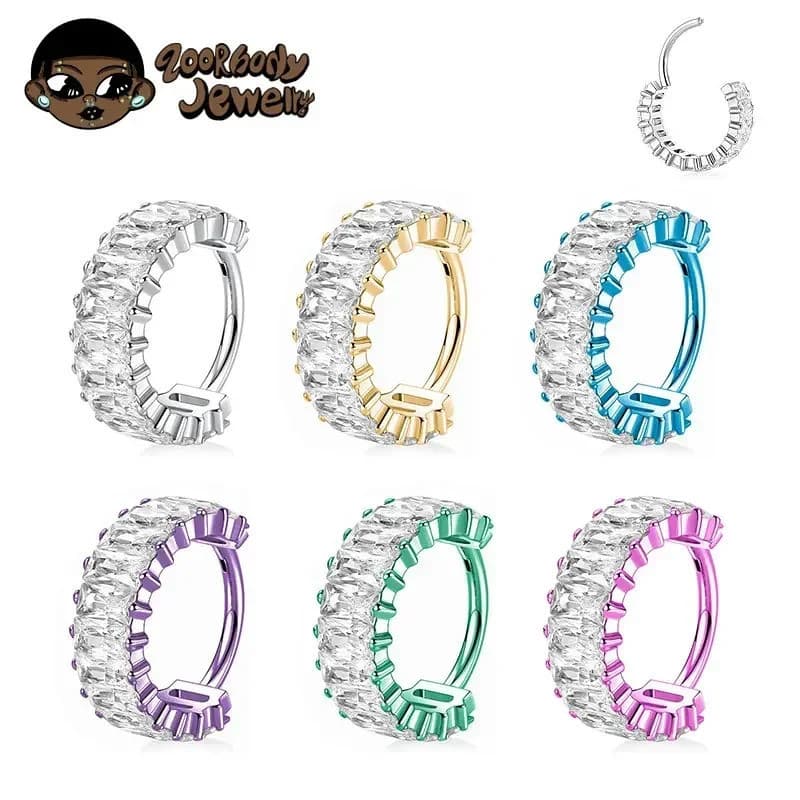 Piercing Septril Rook Conch Argola Titânio Segmento Articulado Zircônia Retangular Cravejada