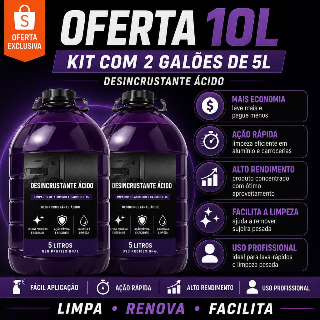 DESINCRUSTANTE ÁCIDO 10L CONCENTRADO INTERCAP, LIMPA BAU, LIMPA ALUMINIO DILUIÇÃO  1/40  "TIPO ALUMAX 5L VONIXX"