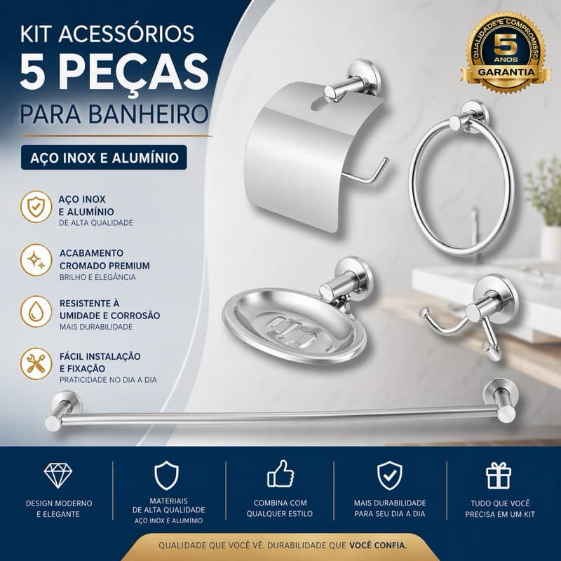 Kit Acessórios Banheiro 5 Peças Inox Cromado – Papeleira, Saboneteira, Porta Toalha, Gancho e Varão