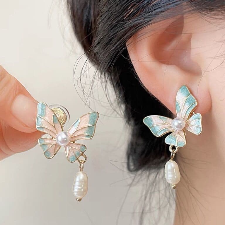 Brincos de Borboleta Coloridos com Pérolas Sem Furo, Brincos Estilo Floresta, Brincos Clip-On em Forma de Espiral com De