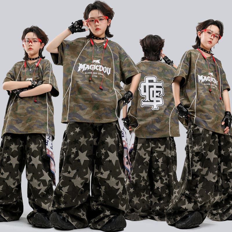 Crianças hip hop desempenho traje hip hop meninos verão solto camuflagem terno crianças hiphop desempenho traje AYS67