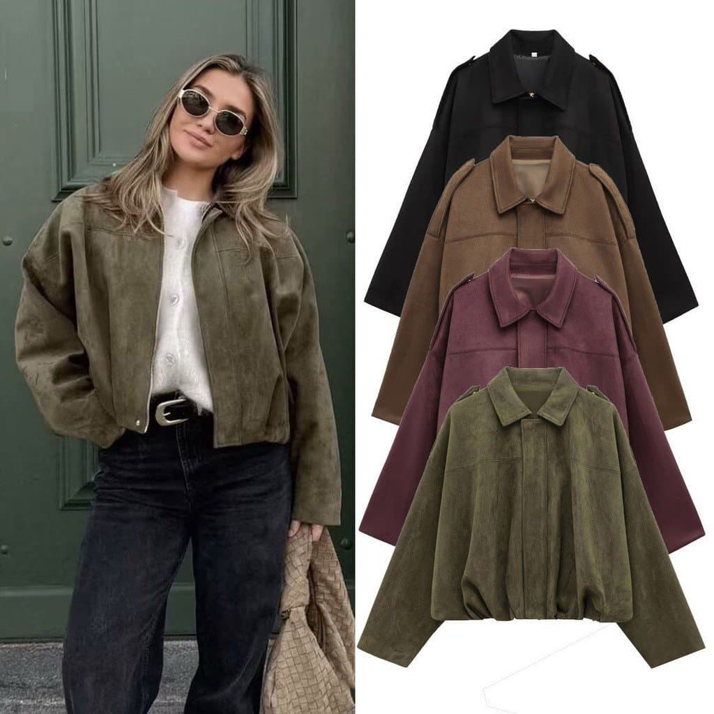 Jaqueta bomber feminina de outono e inverno com mangas de morcego, zíper, corte solto e textura de camurça.