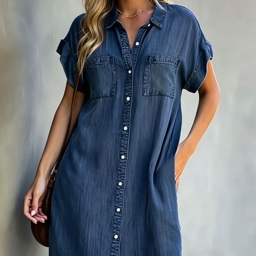 Gola solta Casual vestido de manga curta bolso Denim europeu americano verão v saia camisa