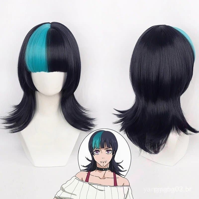 Peruca de Cosplay Kirara Hoshi Anime Jujutsu Kaisen Cabelo Preto Azul Kinji Hakari Fibra Resistente ao Calor + Touca par