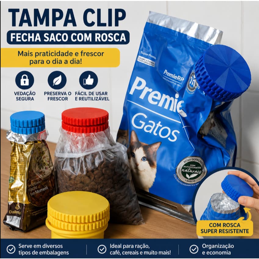 Tampa Clip Fecha Saco com Rosca – 3 Tamanhos e Várias Cores | Vedação Prática para Café, Grãos e Ração