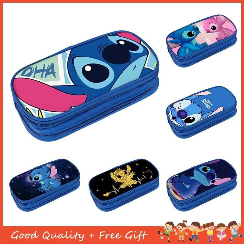 Stitch Anime Lápis Caso Impresso Meninas Unisex Multifuncional Dupla Camada Grande Capacidade Caixa De Papelaria Para Es