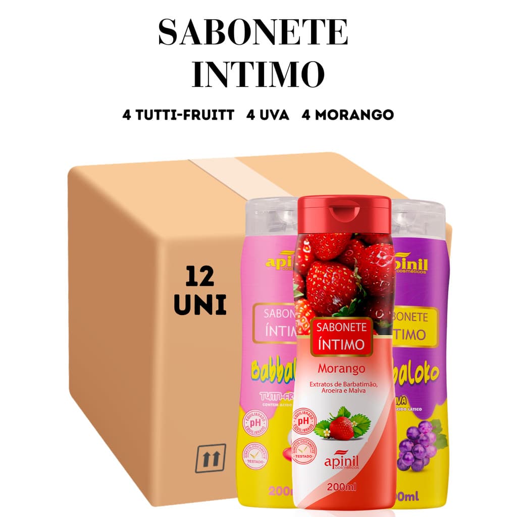 Kit 12 Unidades Sabonete Intimo 4 Tutti-Fruitt 4 Uva 4 Morango 200ML Apinil - Promoção (Campanha)