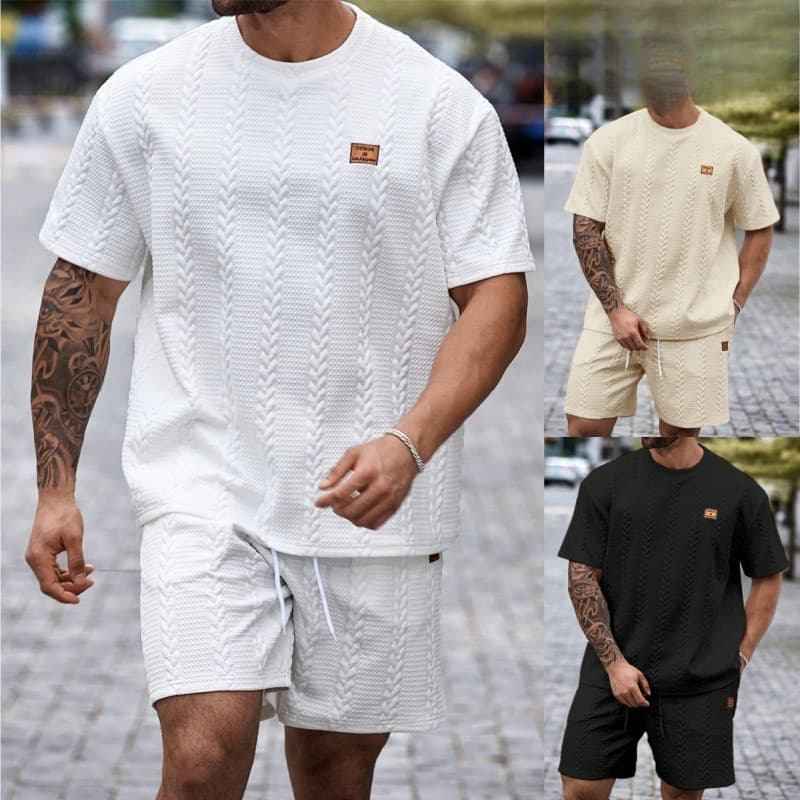 Conjunto Masculino Casual de Camiseta de Manga Curta com Gola Redonda Estampada e Shorts com Cordão JWZM B8HW