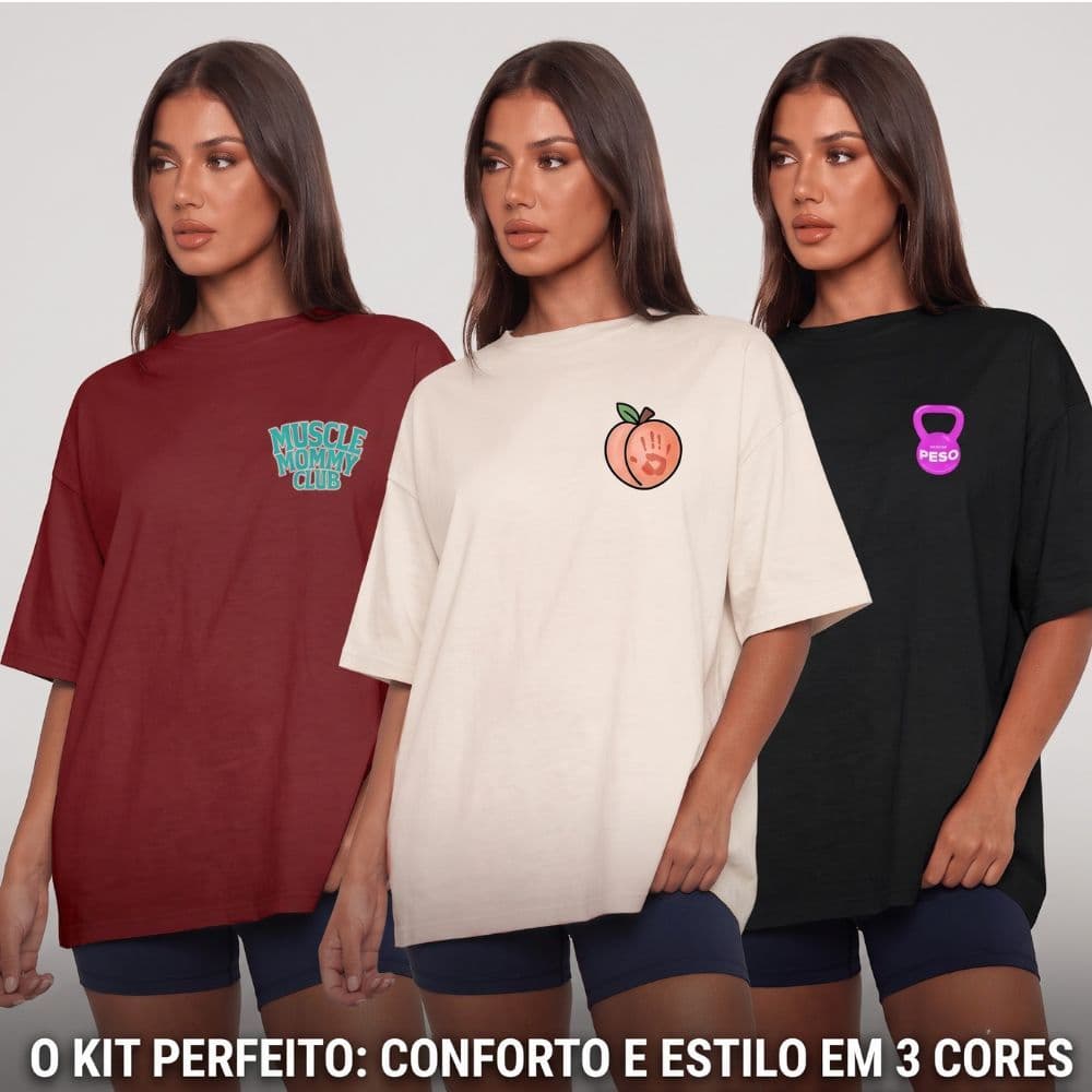 Kit 3 Camisetas Oversized FemininaAcademia Fitness Treino Tendencia Larga Ampla Grande Confortável Blusão Camisa