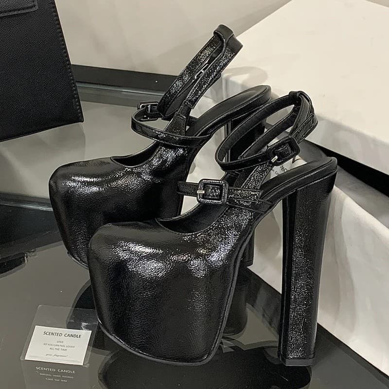 Eilyken Sapatos Femininos de Salto Alto com Bico Redondo, Tira Fina com Fivela e Plataforma Extrema