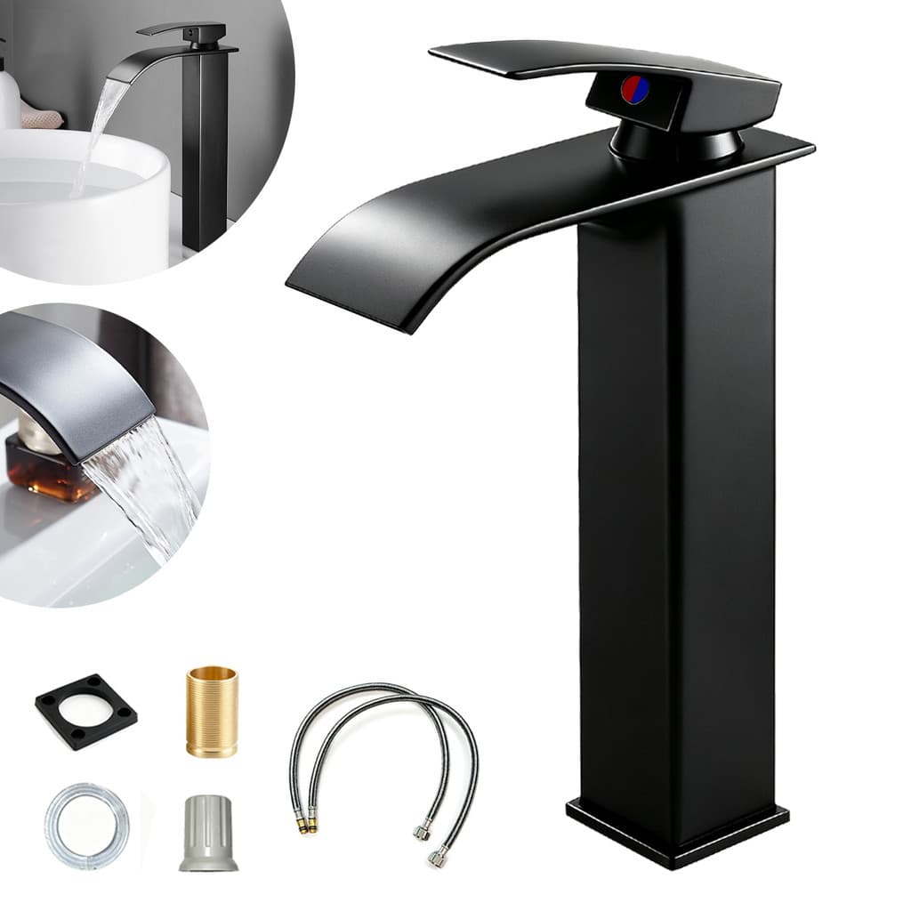 Torneira Banheiro Inox 304 Monocomando Cascata Bica Alta Preto Fosco Quadrado Quente Frio