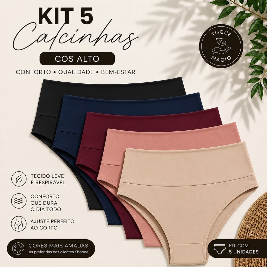 Kit 5 Calcinhas Femininas Cós Alto Confortável Cintura Alta Tecido Macio Respirável Cores Sortidas