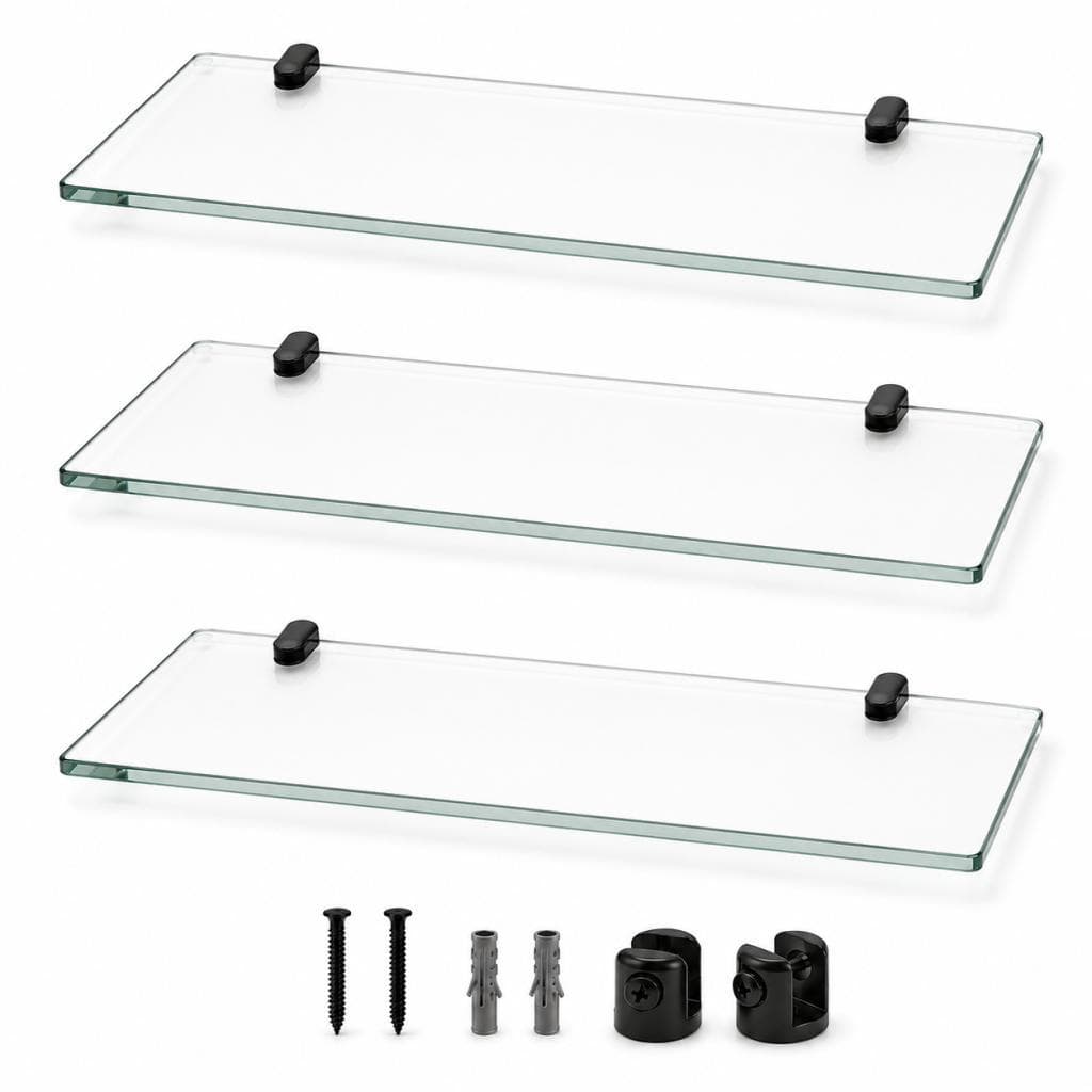 Kit 03 Prateleiras p/ Banheiro 30cm Vidro Incolor e Suporte Preto Fixação Segura Premium