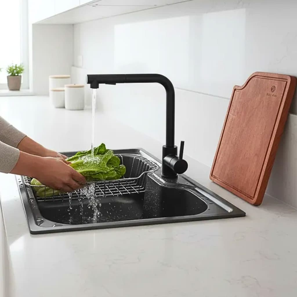 CUBA INOX BLACK 60X42CM + TÁBUA E TORNEIRA EXTENSÍVEL PRETA