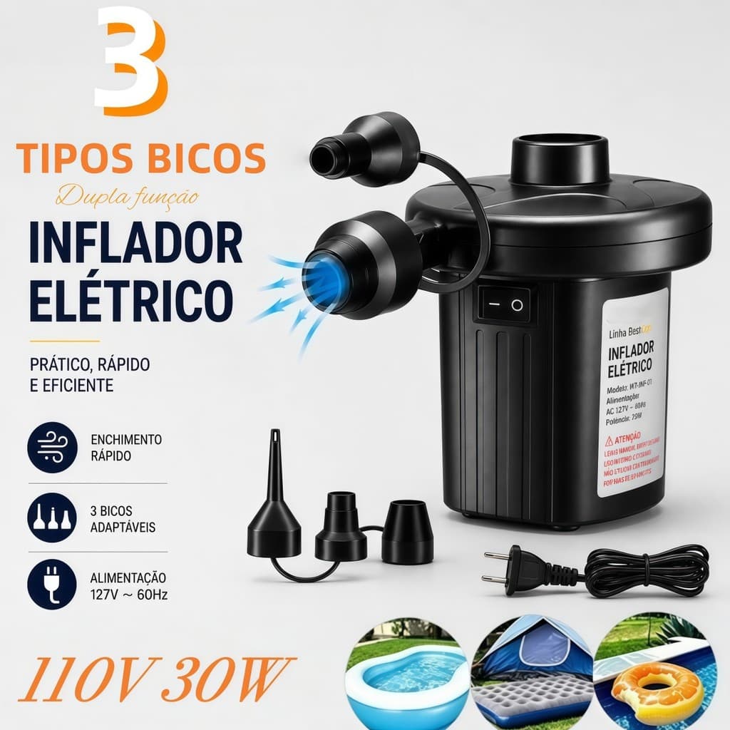 Bomba Elétrica 110V com 3 Bicos Universais, Infla Colchão, Boias e Piscinas em Minutos com Facilidade.