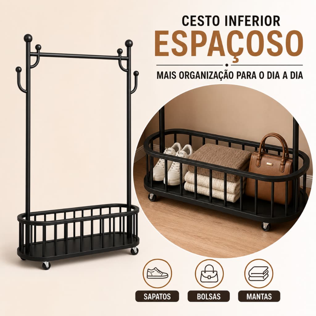 Arara Armário Com Rodinha Sapateira Cabideiro Prateleiras Guarda Roupa Portátil Arara Multifuncional