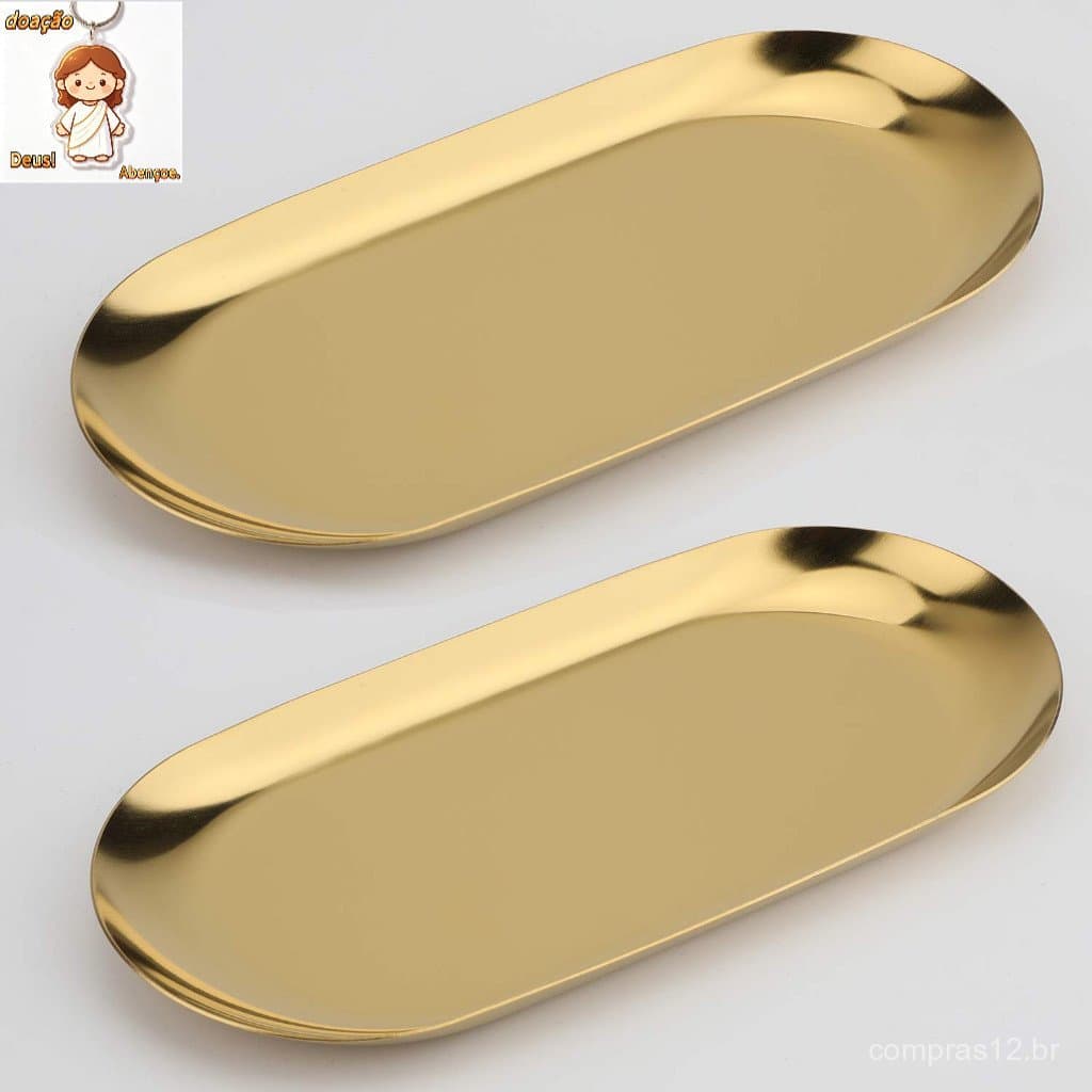Bandeja Aco Inoxidavel Luxo Decorativa para Jóias Alimentos Dourado
