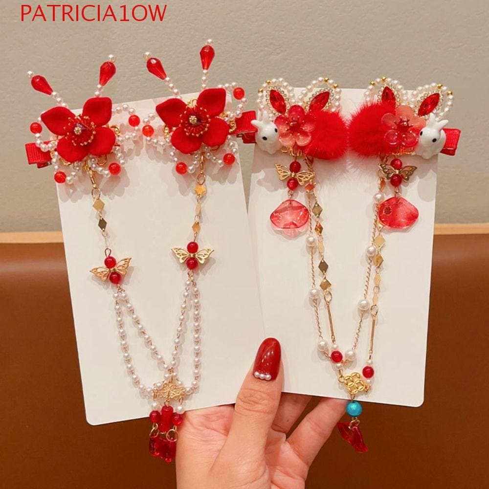 PATRICIA1OW Presilha de cabelo infantil de Ano Novo, presilha de cabelo vermelha estilo chinês da Dinastia Tang, chapéu