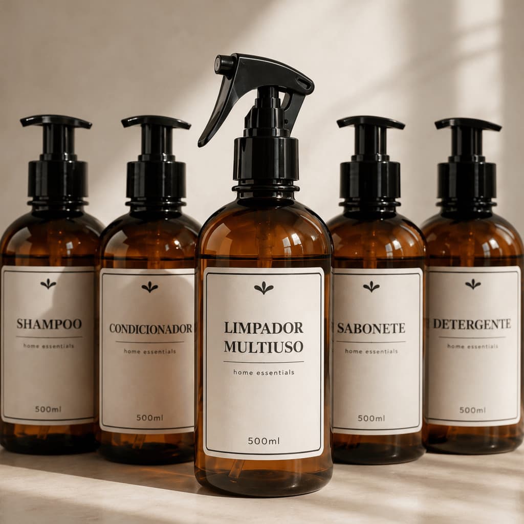 kit 5 frascos âmbar organizadores 500ml - shampoo, condicionador, sabonete, detergente e multiuso