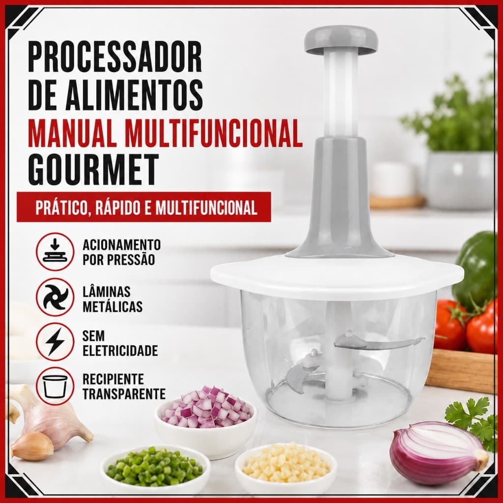 Processador de Alimentos Manual 2L Picador Multifuncional para Alho Cebola e Legumes Gourmet