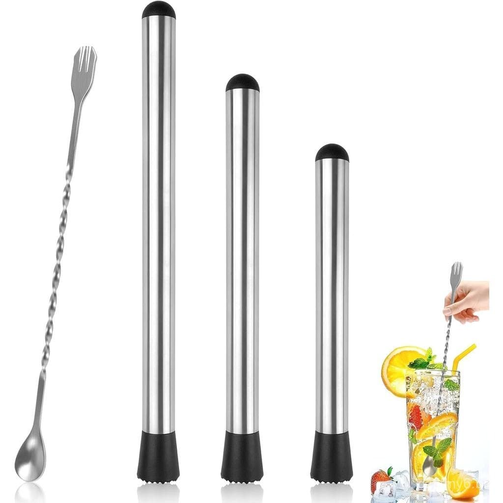 Conjunto de 4 pilões para coquetéis, pilões de 8", 10" e 12" e conjunto de colheres de bar, ferramenta de aço inoxidável