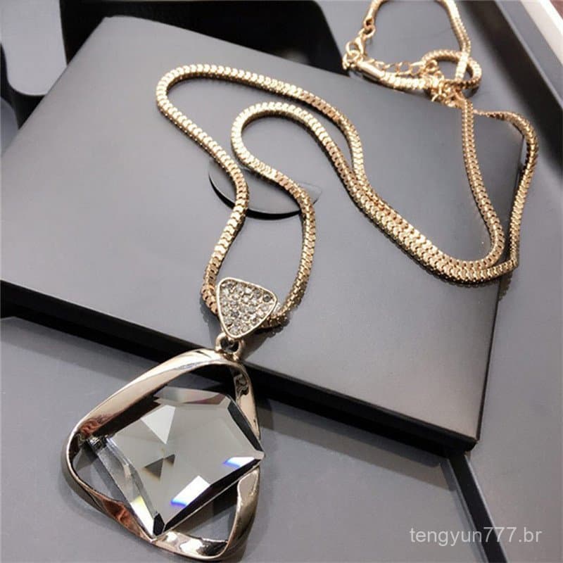 # BR Geometry Crystal Rhinestone Pendant Colar De Cristal Corrente Longa Jóias .