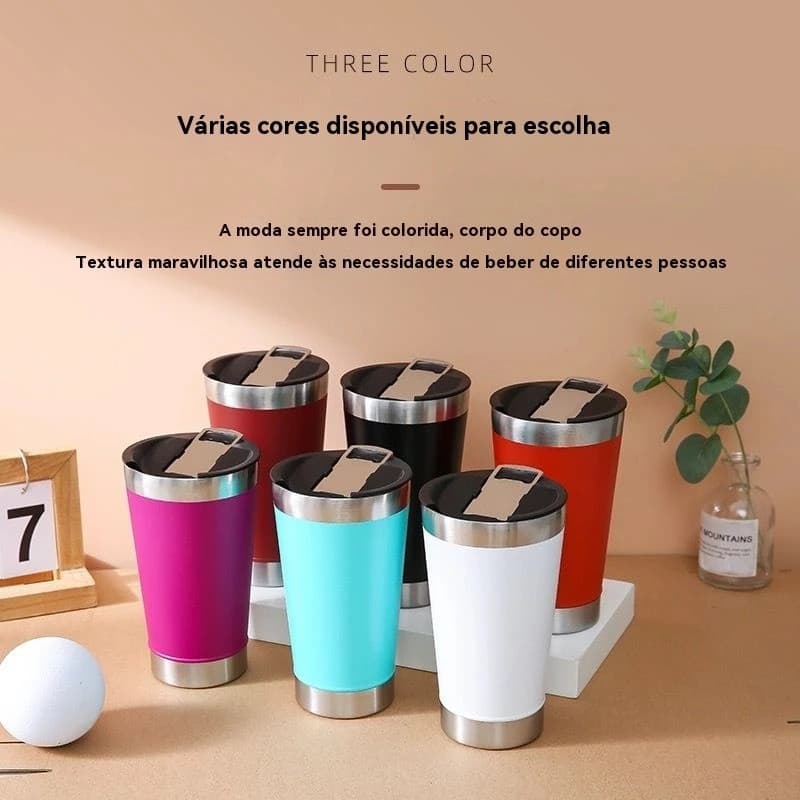 kit com 10 Copos Térmico Inox 473ml com Tampa Caneca Isolada Bebida Quente Fria Portátil Cores VariadasG