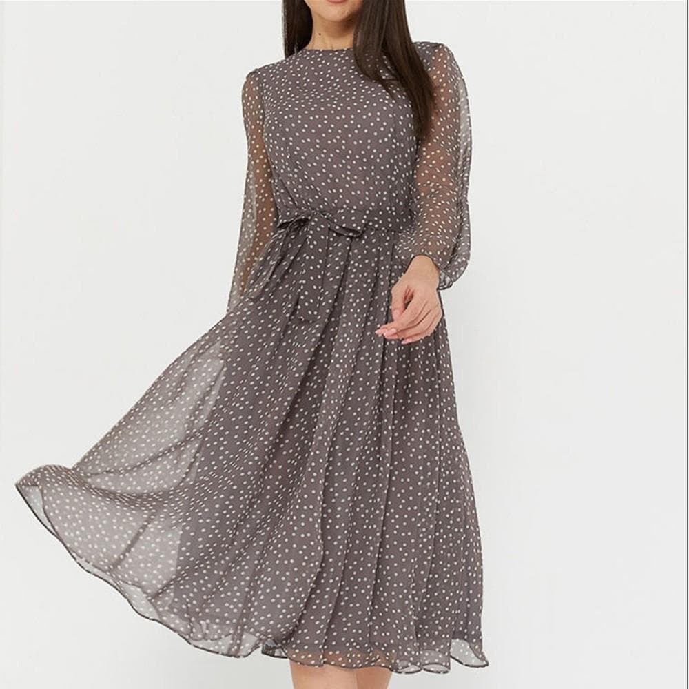 Primavera verão Chiffon manga comprida senhoras vestido cor café preto bolinhas impresso forro leve vestido de banquete