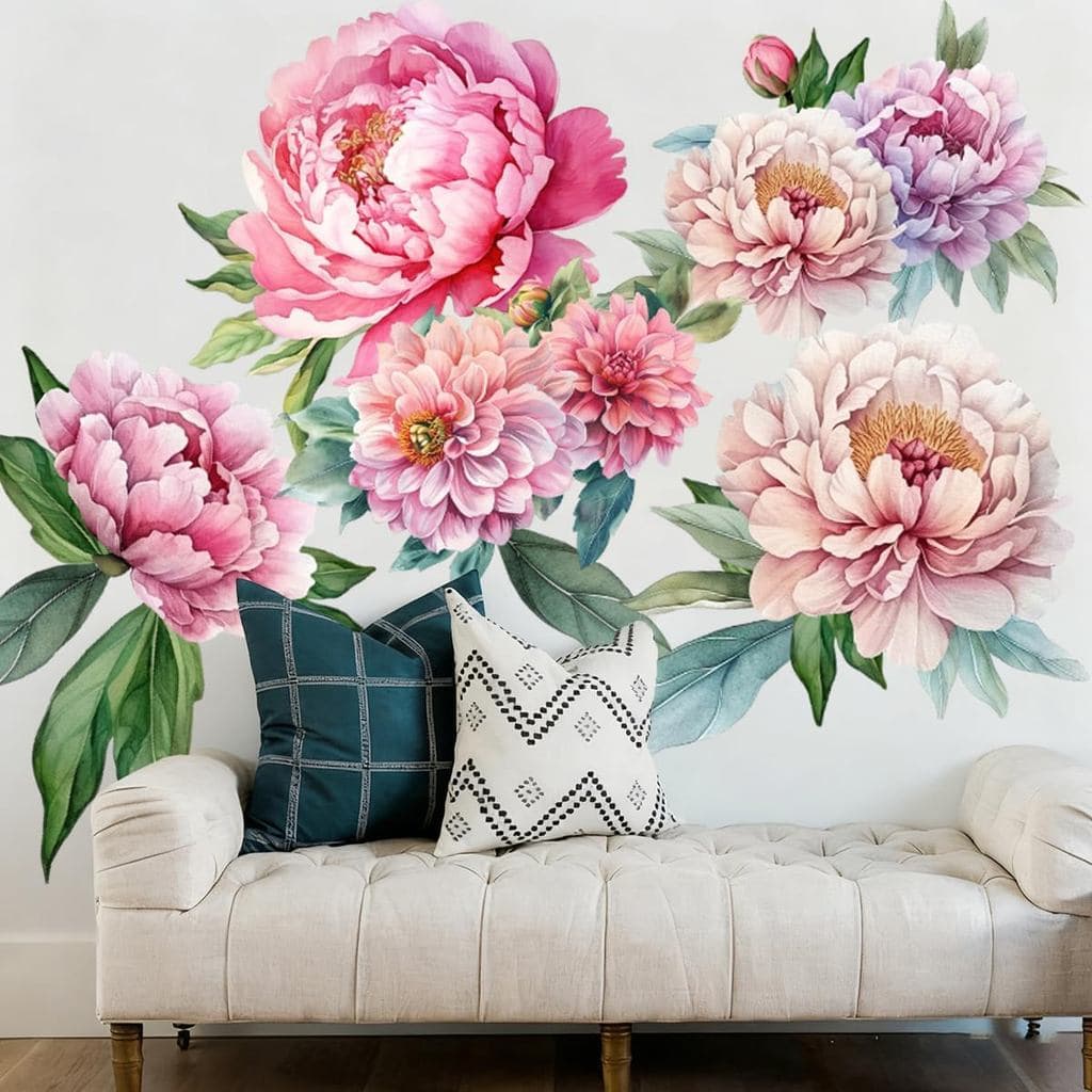 Adesivos de Parede Runtoo Boho com Grandes Flores de Peônia, Autocolantes de Tecido com Folhas Florais para Decoração de