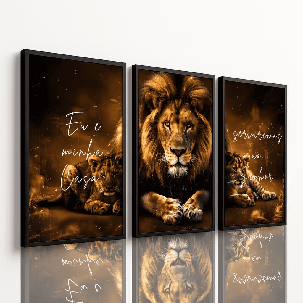 Quadro Decorativo Leão Judá Religioso Frase Eu Munha Casa Serviremos Moderno Parede 3 Peças Sala Quarto Luxo 40x60 120cm