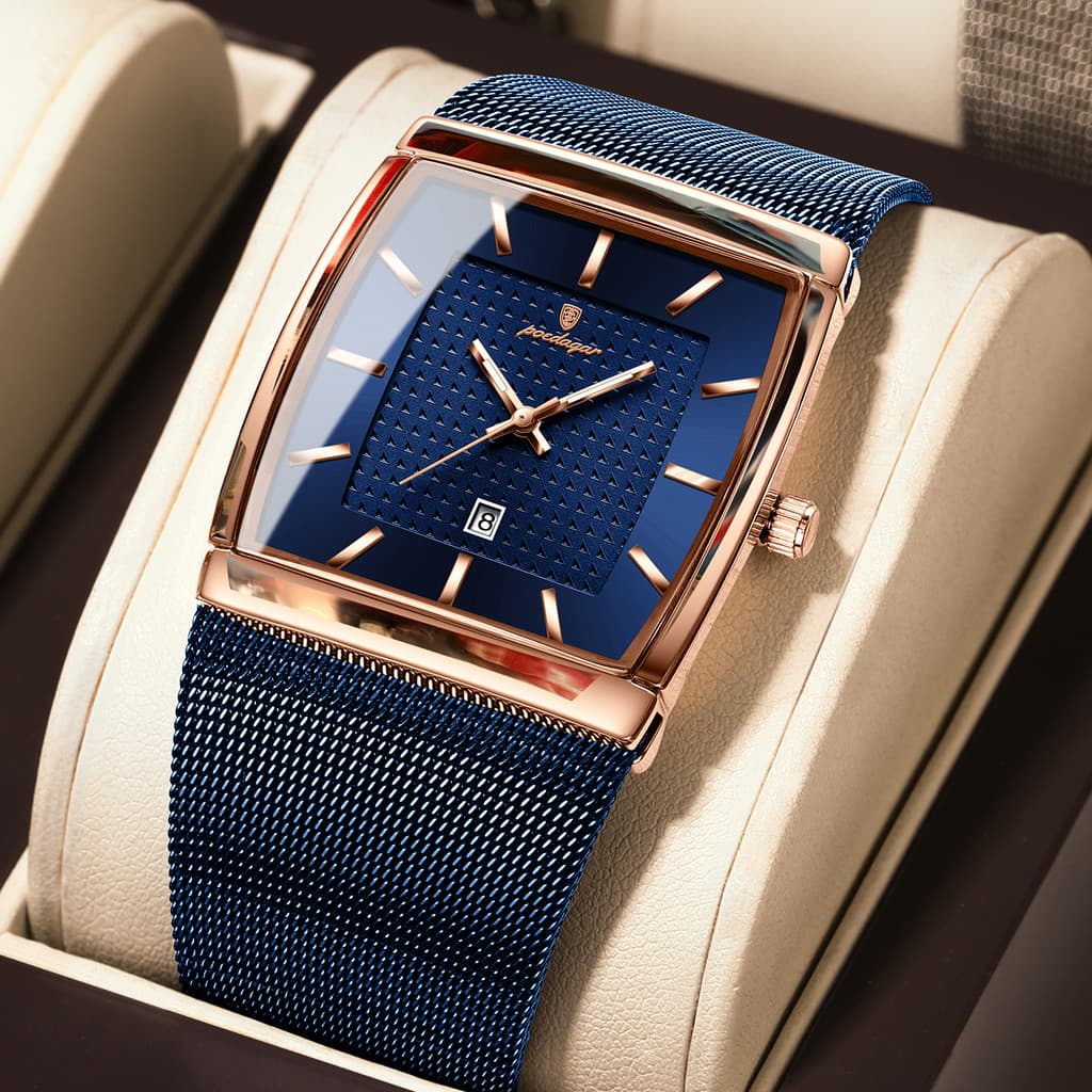 Relógio Casual Masculino POEDAGAR 885W, Resistente à Água 3ATM com Mostrador Azul, Pulseira de Malha de Aço Inoxidável