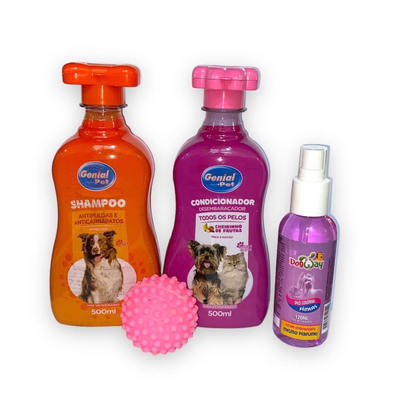 Kit Banho para Cães e Gatos - Shampoo Anti Pulgas e Condicionador Todos os Pelos Colônia Genial Pet