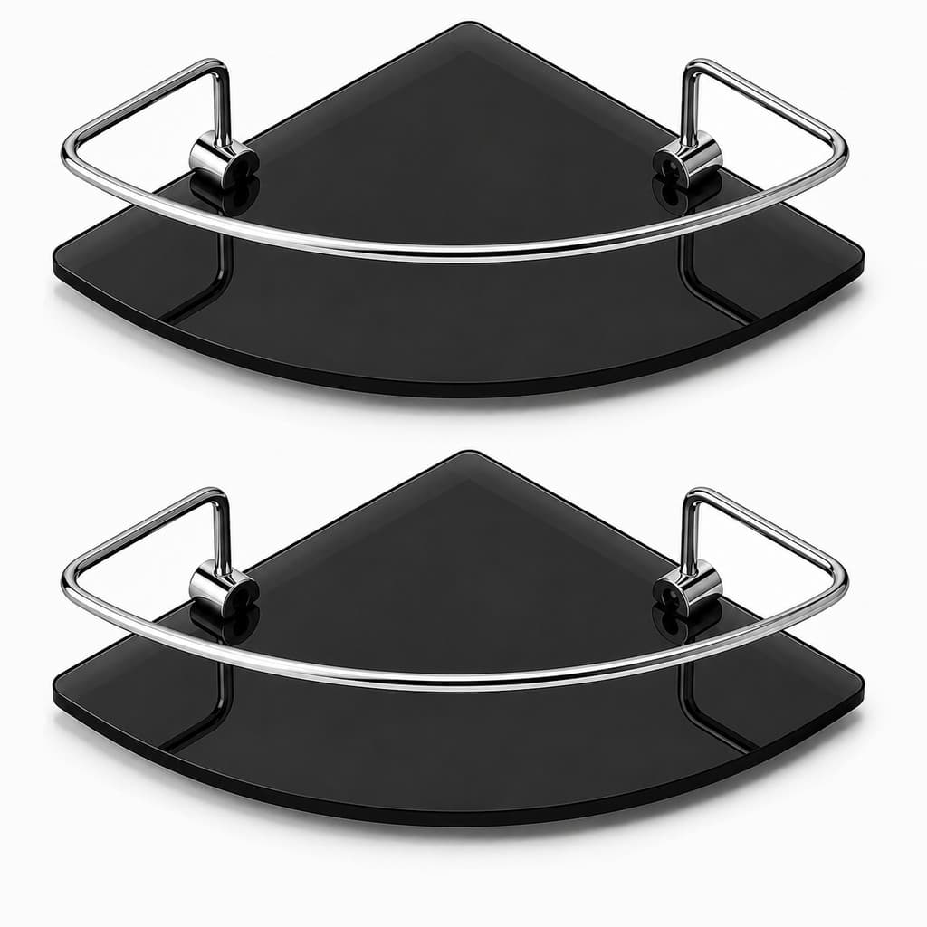 Porta Shampoo Para Banheiro Suporte De Vidro 6mm Fumê Canto Preto C/ Cromado Anti Ferrugem KIT 02 UN