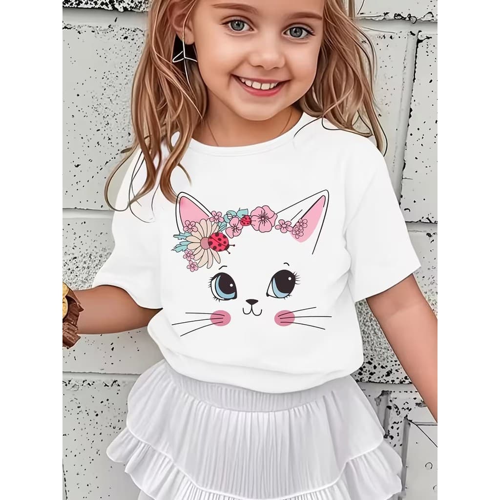 Camiseta Infantil Gatinha E Flores - Estampas Exclusivas para Crianças 100% Algodão Unissex Menino E Menina