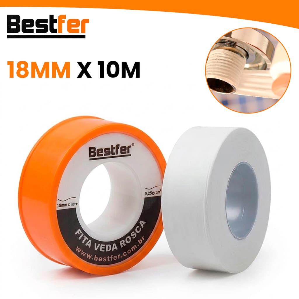 Fita Veda Rosca BestFer 18MM x 10 Mts Vedação Hidráulica Multiuso Reparos