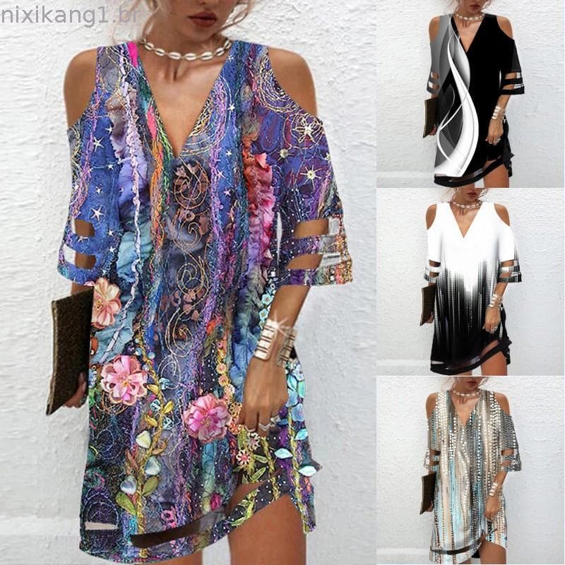 Estilo elegante Verão V pescoço novo vestido para as mulheres Primavera casual solto floral impressão pullover malha co